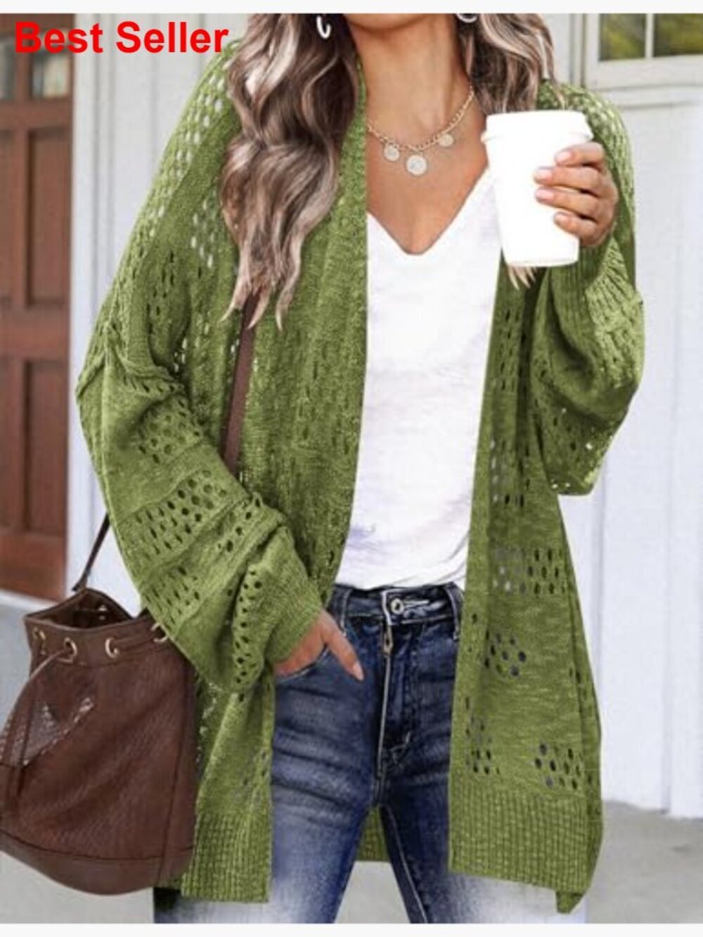 Lightweight Crochet Cardigan Long Sleeve Open Front Knit Sweater - Picture 2 of 7